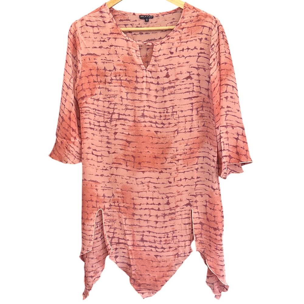 Vintage Piano Chiffon Blouse Boho Whimsigoth Handkerchief Hem Tie Dye Coral S